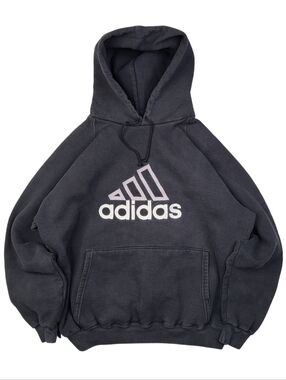 Vintage 90s Adidas SUPER BAGGY HEAVYWEIGHT Hoodie USA Made Black Faded - L RARE